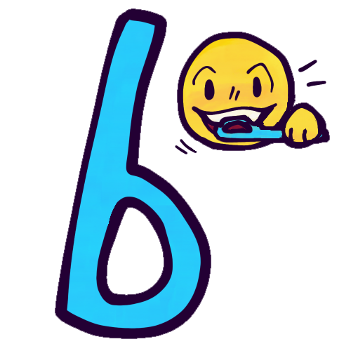  A drawing of a light blue silicone chewable tube, shaped like a lowercase letter “b”. In the top right is a smaller drawing of a yellow emoji face biting down on the round part of the tube and holding the straight end in their hand. 